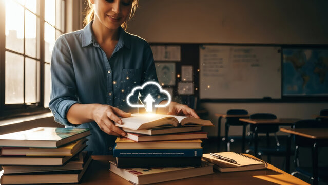 Woman Uploading Data to Cloud from Books Modern Education Concept.