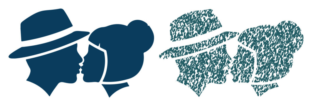 Silhouettes of a couple in hats about to kiss, a classic romantic gesture.