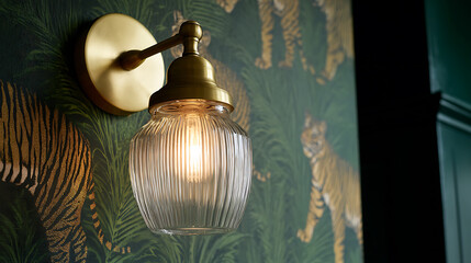 Fototapeta premium Vintage-style brass and fluted glass wall sconce provides warm glow against a vibrant, exotic botanical and animal print wallpaper, adding elegance and charm