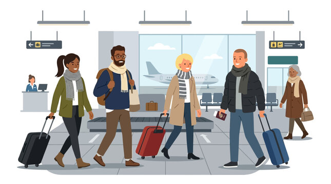 People walking with luggage at an airport terminal with airplane in background