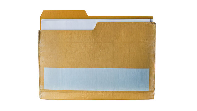 Brown manila folder with papers and blue label, isolated on transparent background
