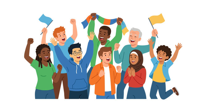 Diverse group of people celebrating with flags and banners together