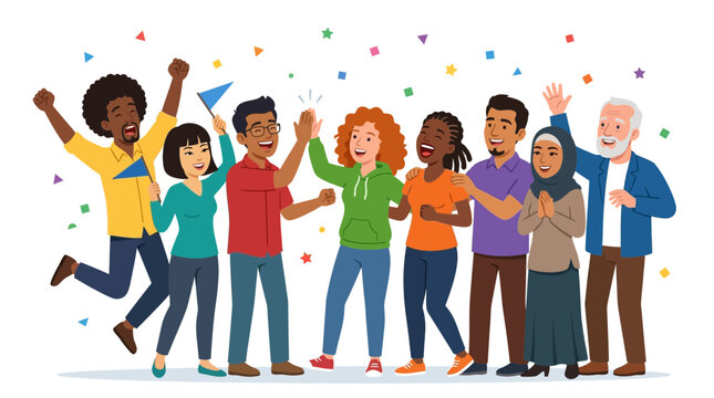 Diverse group of people celebrating with confetti and flags
