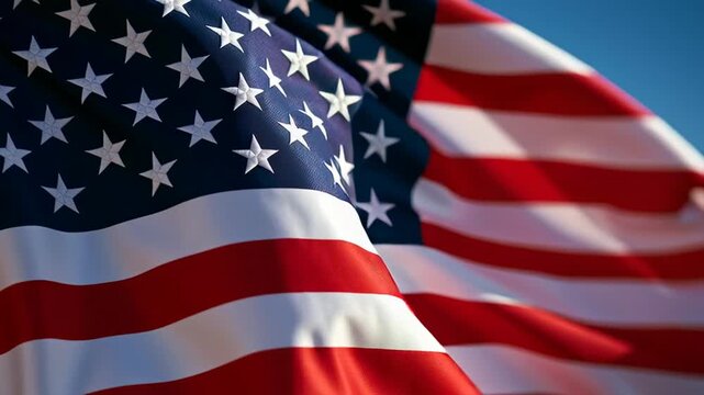 Close-up of the American flag waving in the wind against a clear blue sky, symbolizing patriotism and national pride during Independence Day.