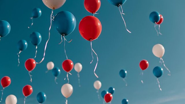 Red white and blue balloons floating in clear sky, festive USA Independence Day celebration background

