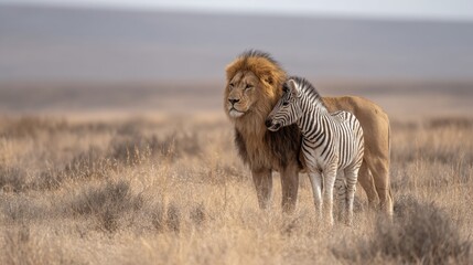 Obraz premium A majestic lion stands proudly beside a unique zebra in a serene landscape. This image showcases the beauty of nature and wildlife friendship. Perfect for animal lovers and nature enthusiasts. AI