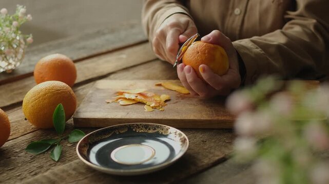 Female hands peeling fresh orange zest in rustic kitchen