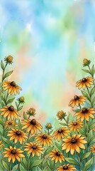 Fototapeta premium Watercolor yellow wildflowers border frame with soft pastel sky background for greeting cards, invitations and botanical design projects.