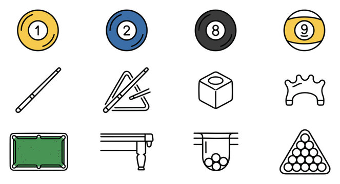 billiards pool snooker balls and equipment icons, colored ball numbers cue stick table rack and accessories in outline vector set isolated on transparent background
