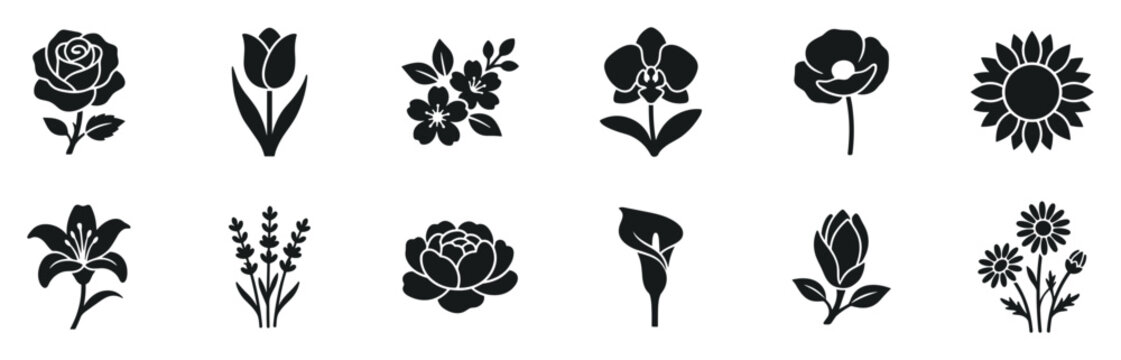 floral flower silhouette icon set, rose tulip sunflower lily orchid peony lavender and daisy botanical elements in vector collection isolated on transparent background