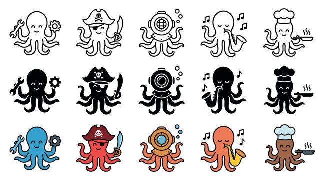 Cute octopus characters in various professions and occupations, including mechanic, pirate, diver, musician, and chef, presented in different styles.