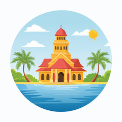 Fototapeta premium Cartoon illustration of a tropical building with palm trees and ocean views