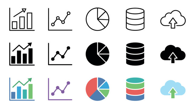 Data analytics charts graphs database cloud icons set in outline, solid, and colorful variations for business and technology presentations.