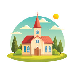 Naklejka premium Cartoon church illustration on green grass with trees and blue windows