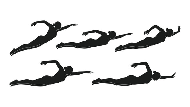 Swimmer silhouettes in various freestyle swimming poses black and white high quality