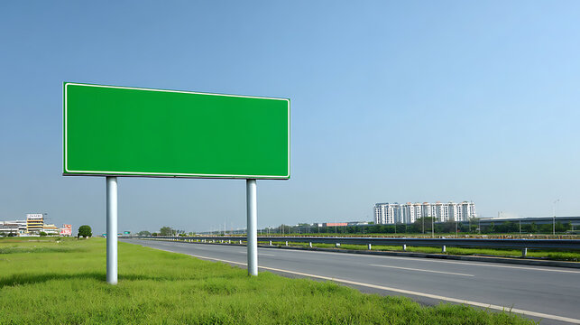 Blank Green Highway Signboard Next to a Road with Clear Blue Sky, Ideal for Custom Text and Directional Information