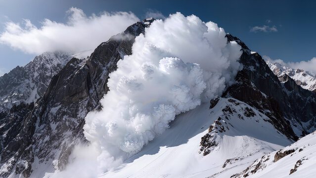 Massive snow avalanche on a steep mountain peak, concept of power and nature disaster.