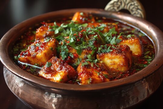 Spicy paneer curry in copper pot