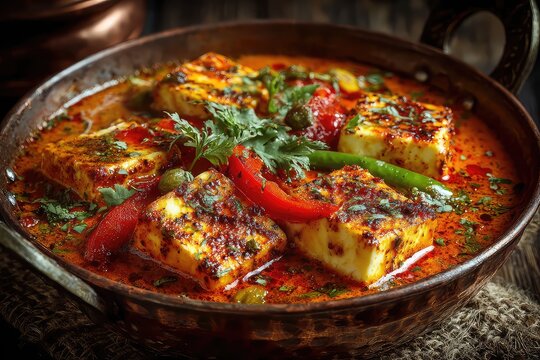 Spicy paneer curry in copper pot
