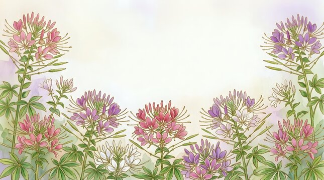 Delicate pink and purple cleome spider flowers create elegant botanical border frame on soft pastel background for spring garden design projects.