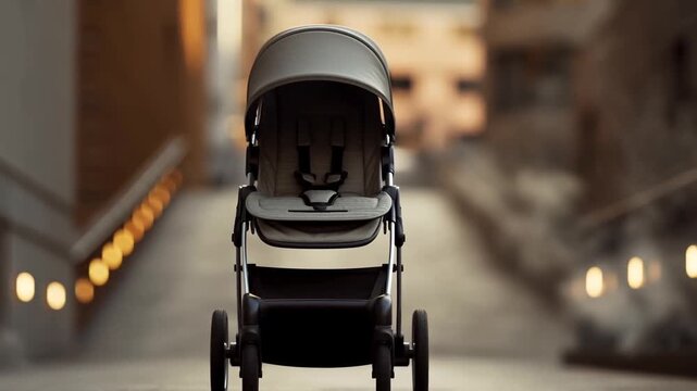 Tracking shot of baby stroller rolling forward along urban alley with illuminated stair lights and fog