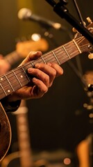 Fototapeta premium Close-up of guitarist hand playing acoustic guitar with warm stage lighting and blurred microphone in background during live music performance.
