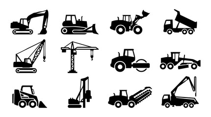 Heavy Construction Machinery Silhouette Icon Set – Excavator Bulldozer Crane Truck Collection © Mediasegment