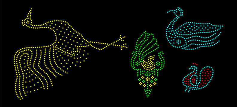 Rhinestone hotfix transfer template, traditional decorative peacock crane, and swan set, ethnic design for plain cloths, saree, and other decorative purposes, laser cutting, 2.2 mm hole size 6 ss, F-4