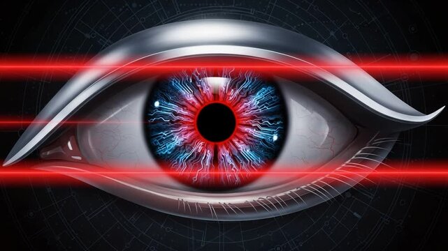 Closeup of a futuristic cybernetic eye with red laser beams