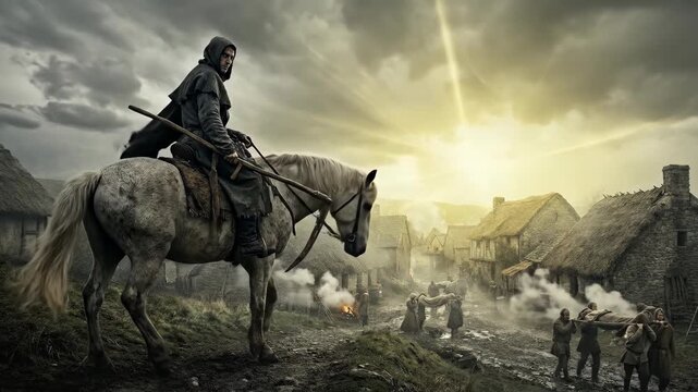 Grim reaper riding white horse above plague stricken village. Hooded man on steed watches people carrying dead bodies. Medieval death scene with dark clouds.