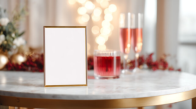 Elegant table setting with a blank gold frame for mockups, festive lights, and beverages, perfect for upscale event promotions and holiday themes