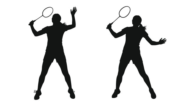 Badminton players silhouette two athletes in action pose against white background