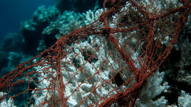 Red fishing net entangled on a bleached coral reef underwater. Marine pollution and ghost net ecology problem. Ocean conservation and environmental impact