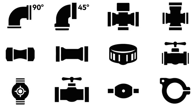 Set of black vector icons representing industrial pipe fitting components