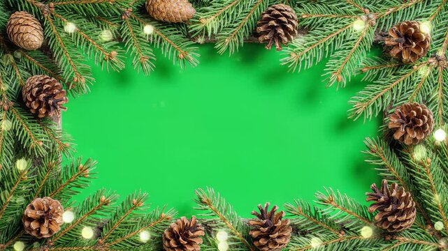 Festive Christmas Fir Branch Border with Pine Cones and Lights on Green Screen.