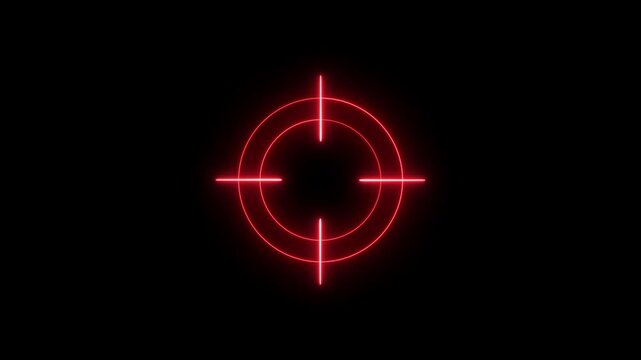 Neon aim cross, target search and aiming animation. Glowing neon target icon, looped animation. Crosshair, gun aim, sniper target, bullseye, precise shoot, hunting, target audience. red colors.