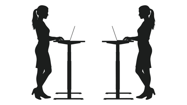 Woman working on laptop silhouette side view mirrored pair on white background