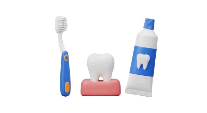 Vector illustration of 3d illustration of a toothbrush, a tooth, and toothpaste on a transparent background