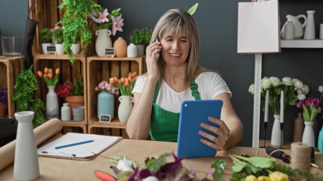 Woman florist holding blue tablet with hand and speaking on smartphone to ear while sitting behind counter in a studio; small business efficiency cheerful.