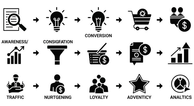 Business marketing funnel vector illustration showing complex consumer behavior stages
