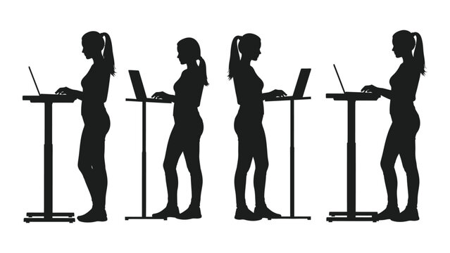 Silhouette of women working on laptops at standing desks multiple poses
