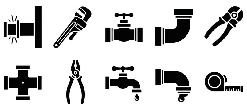 Set of black vector icons representing common plumbing equipment tools