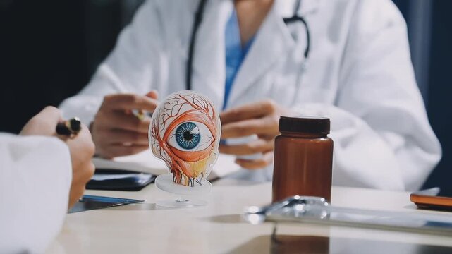 Diligent short-haired doctor holding poster with eye anatomy