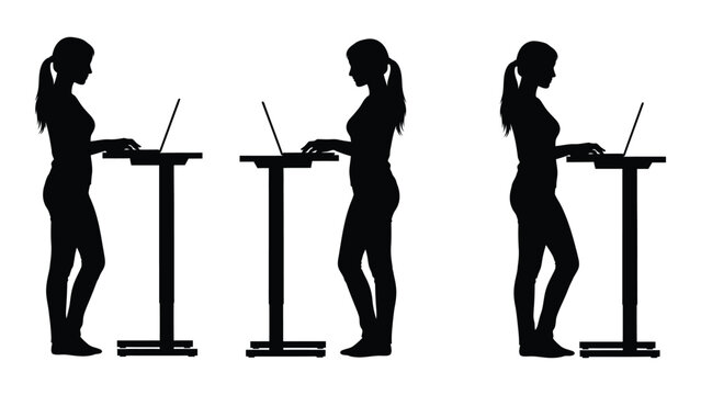 Silhouette of women working on laptops at standing desks three variations