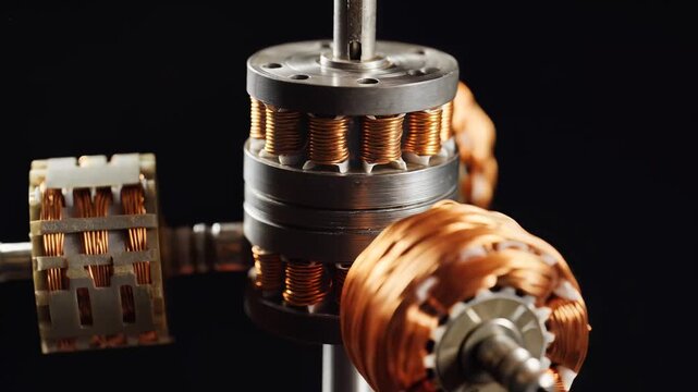 Closeup of Electric Motor Rotors and Stators with Copper Windings.