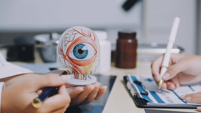 Diligent short-haired doctor holding poster with eye anatomy
