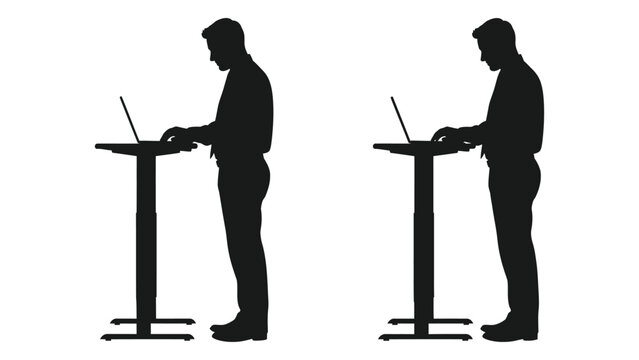 Silhouettes of two men working at standing desks side view isolated on white