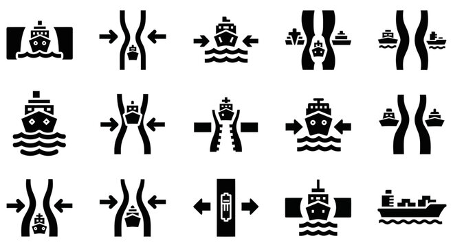 Collection of shipping icons showing boats in narrow channels