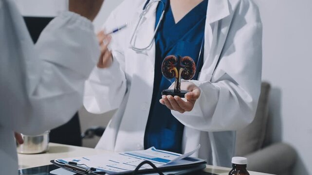 Doctor and patient discussing kidney function test results on a tablet, [chronic kidney disease], [medical monitoring]