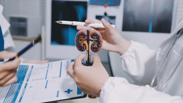 Doctor and patient discussing kidney function test results on a tablet, [chronic kidney disease], [medical monitoring]